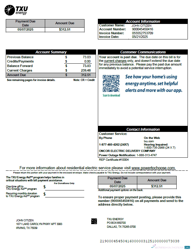 download download USA TXU Energy utility bill template in Word and PDF formats, version 7 PDF template PDF template
